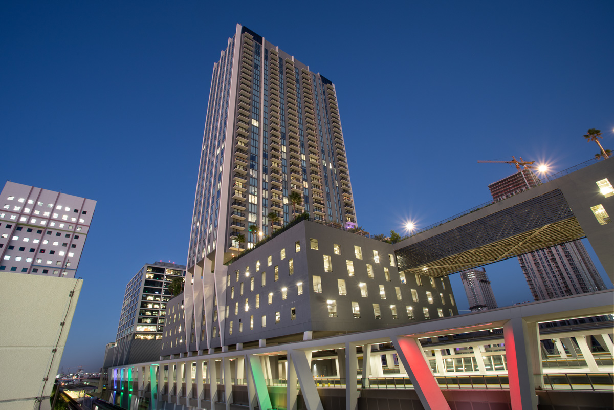 Architectural dusk view of the Miami Central ParkLine residences.