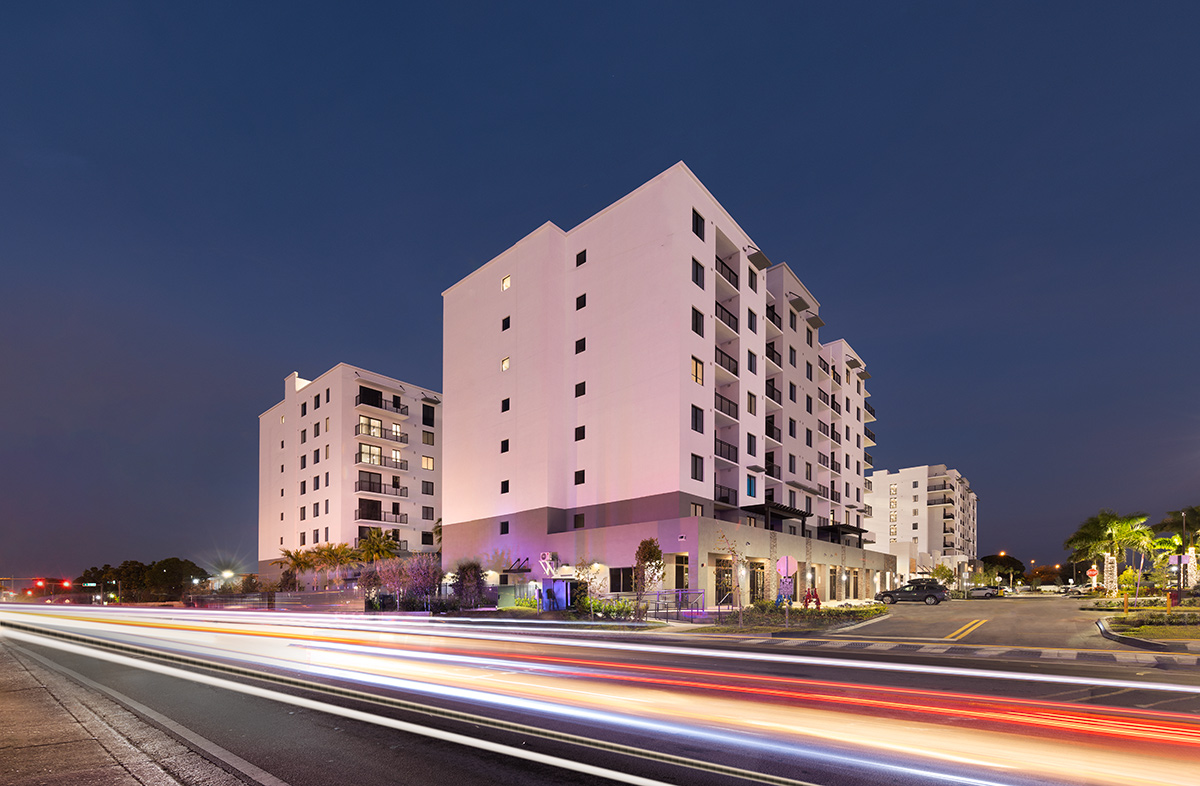 Architectural dusk view of Shoma Village luxury rental  Miami, FL.