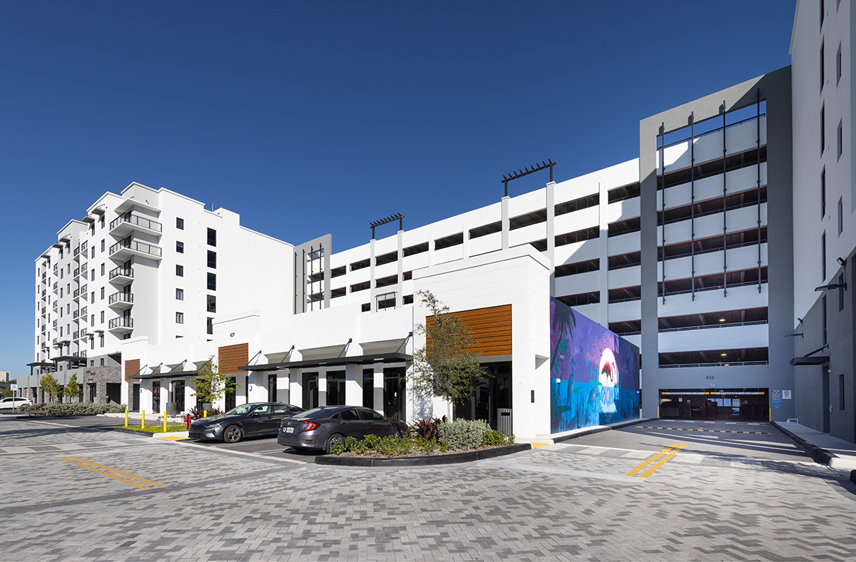 Architectural parking view of Shoma Village luxury rental  Miami, FL.