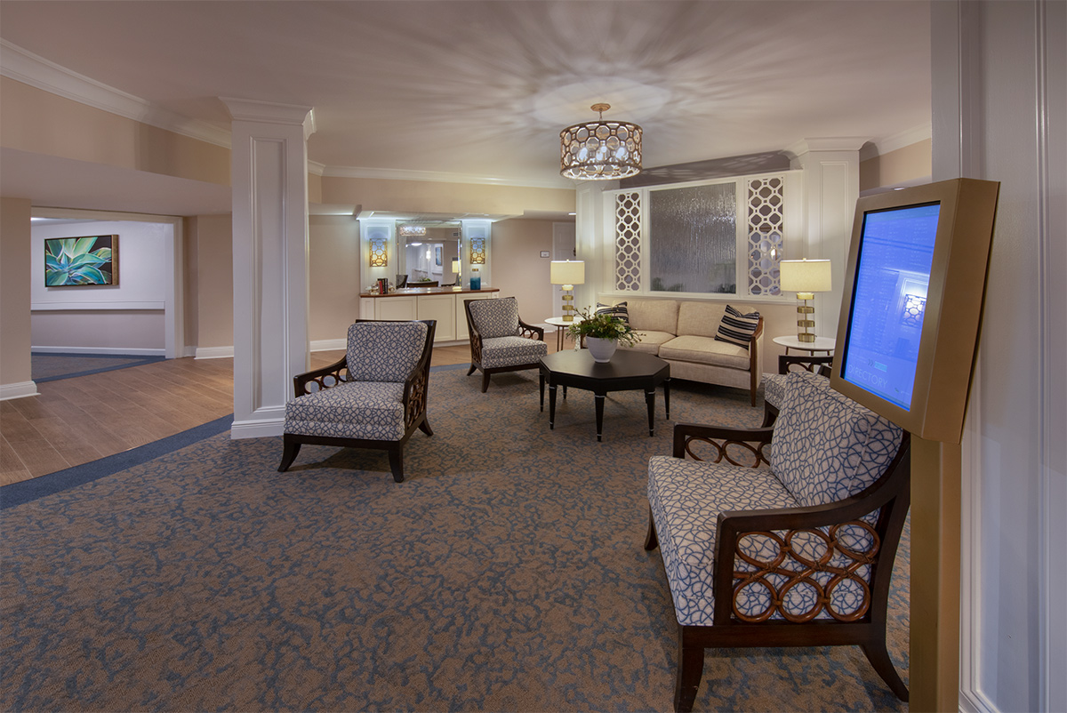 Interior design lobby view of Moorings Park Grande Lake Build G for senior living in Naples, FL