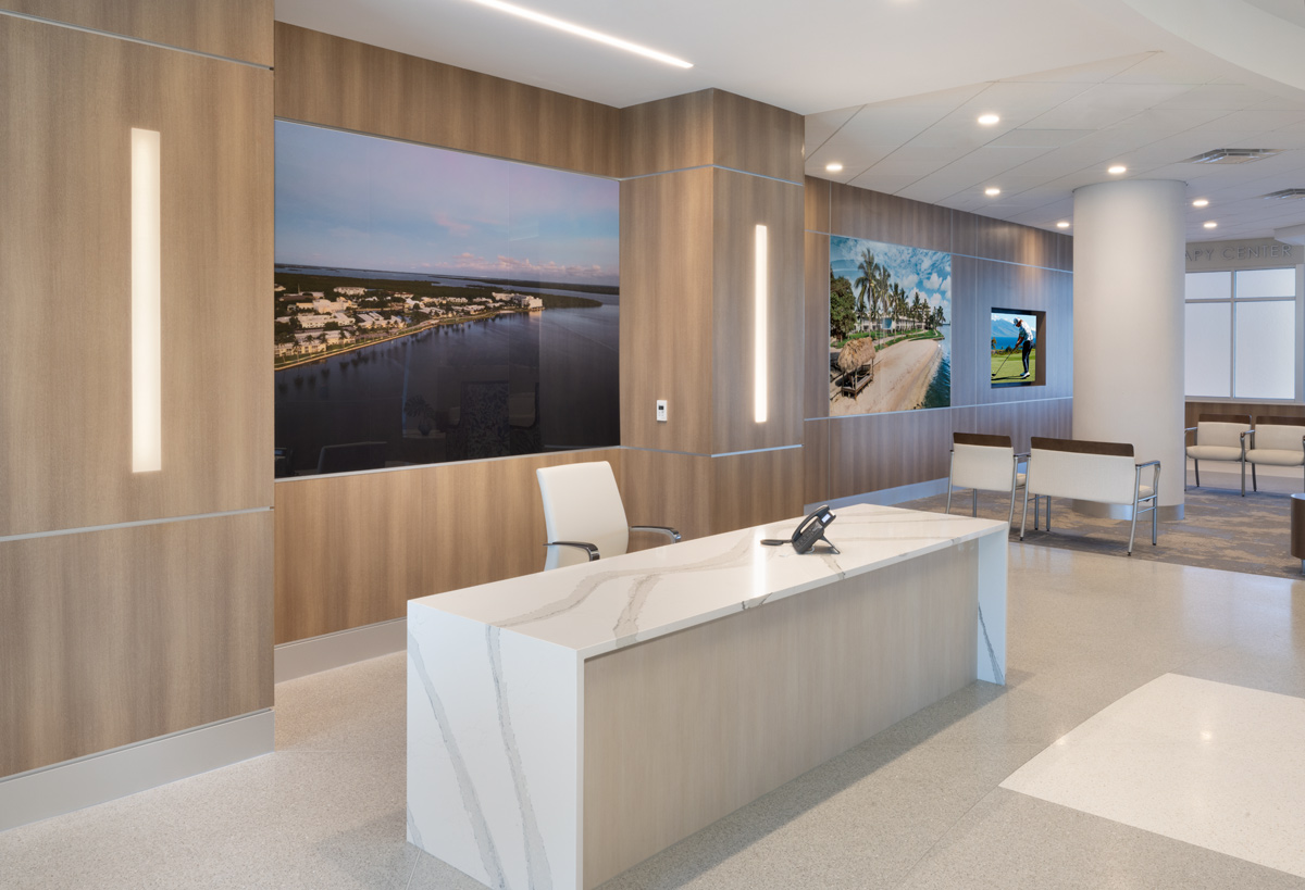 Interior design reception view of Shell Point Larsen Health in Fort Myers, FL. 