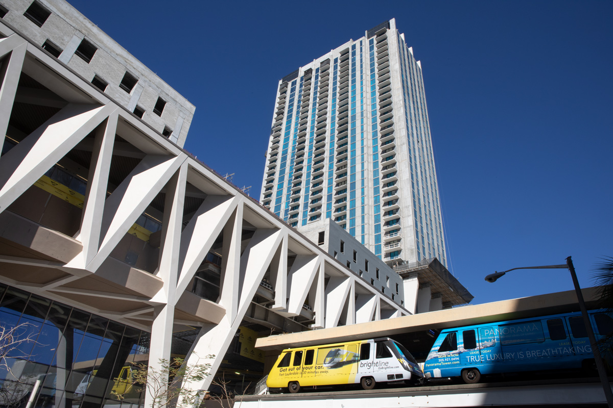 Architectural view of the Brightline Miami Central terminal with Metromover.