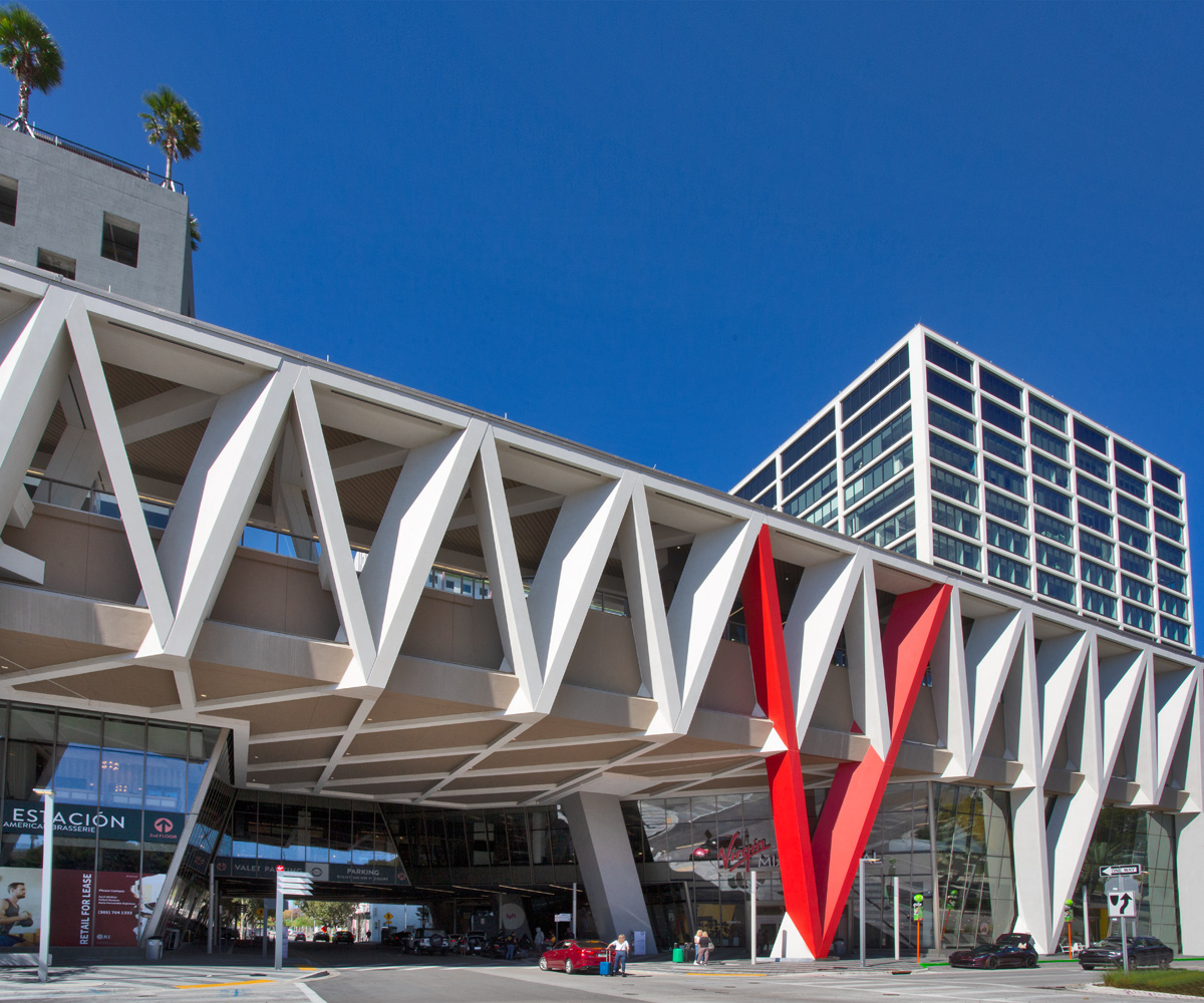 Architectural view of the Brightline Miami Central terminal entrance.