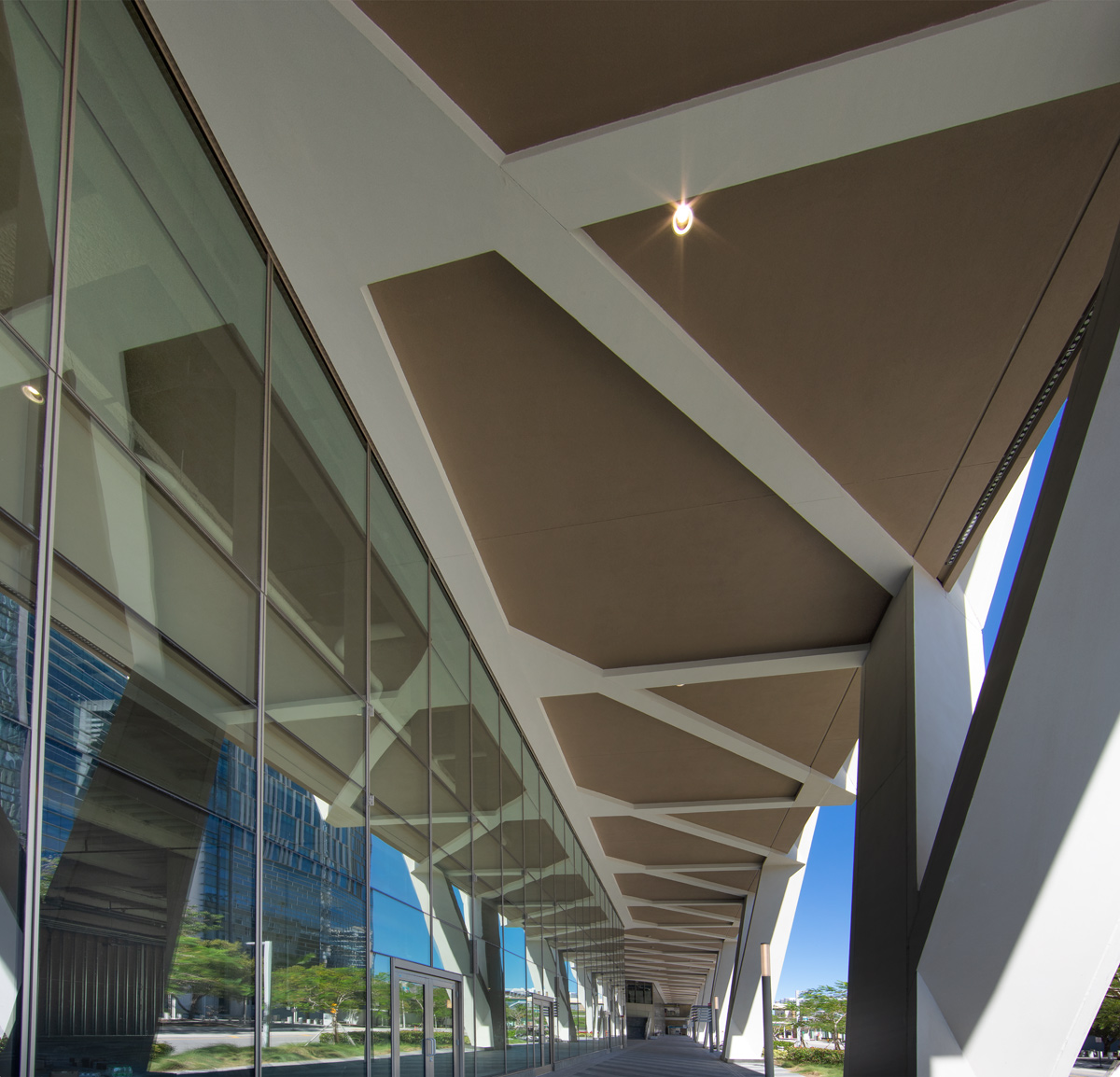 Architectural detail of the Brightline Miami Central terminal entrance.