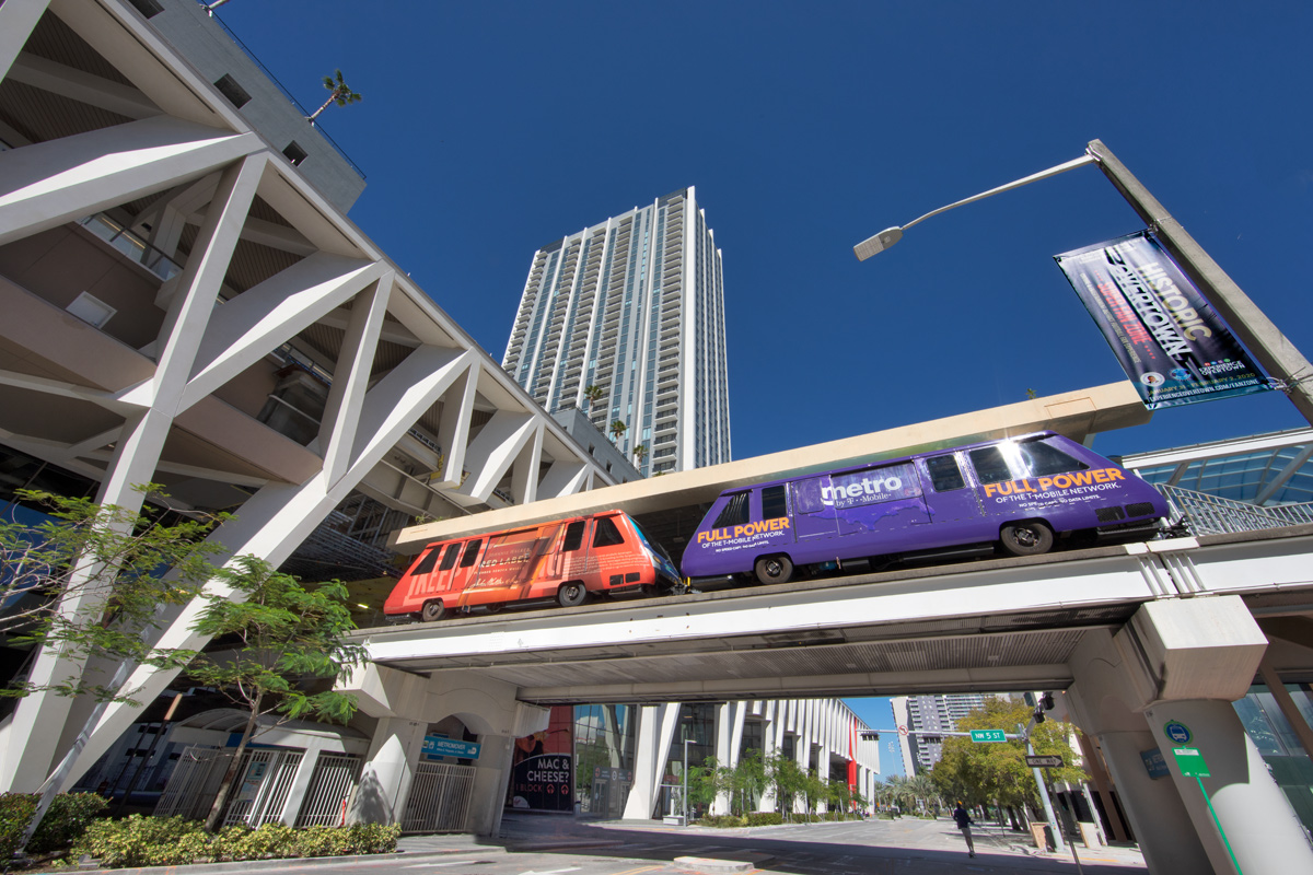 Architectural view of the Brightline Miami Central terminal with Metromover.