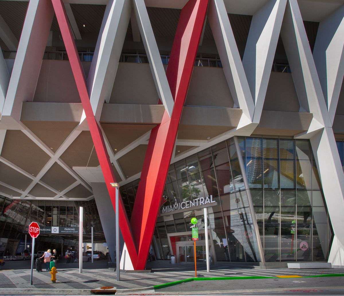 Architectural view of the Brightline Miami Central terminal entrance.