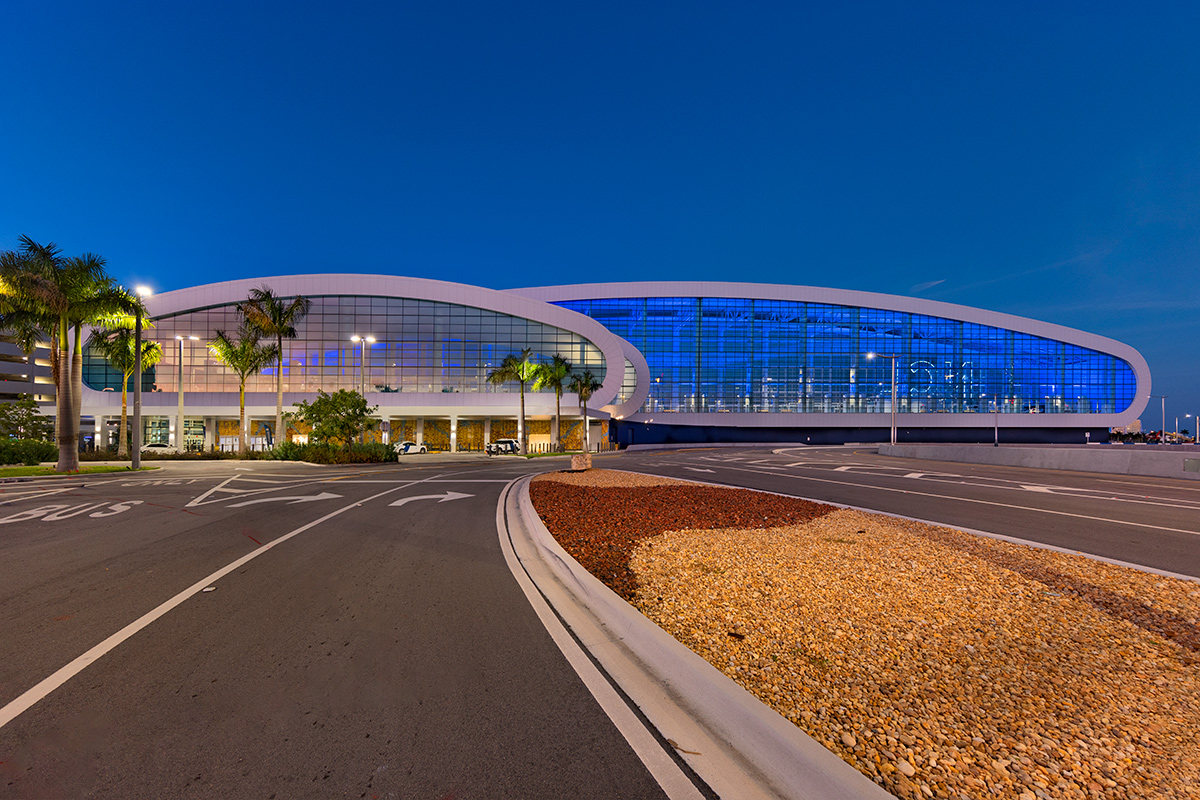 Architectural dusk view of the Norwegian Cruise Lines Terminal B Port Miami.