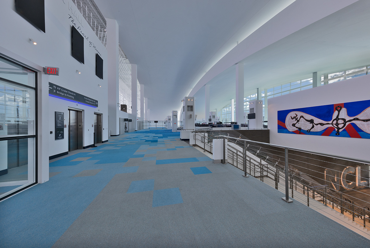 Interior design guest prominade view of the Norwegian Cruise Lines Terminal B Port Miami.