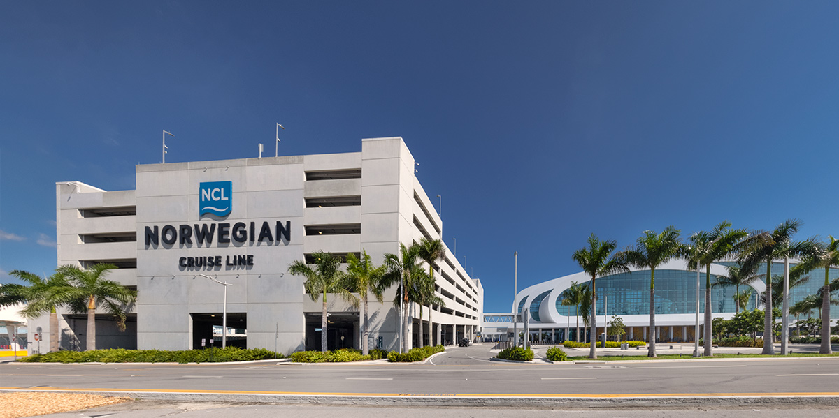Architectural garage view of the Norwegian Cruise Lines Terminal B Port Miami.