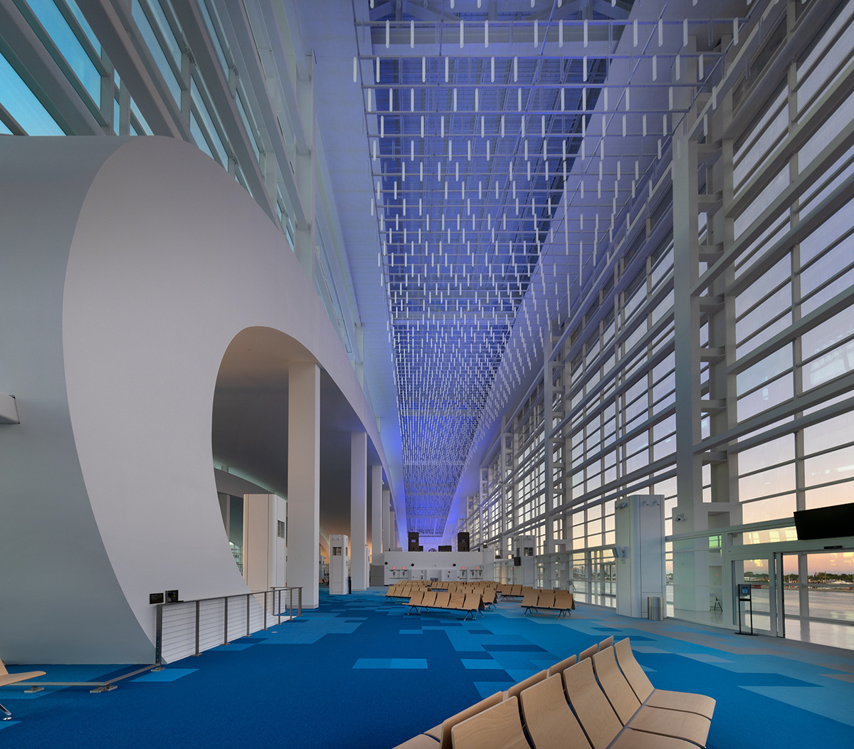 Interior design guest wating view of the Norwegian Cruise Lines Terminal B Port Miami.