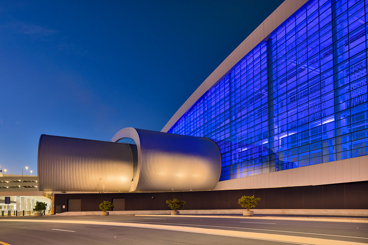 Architectural dusk view of the Norwegian Cruise Lines Terminal B Port Miami.