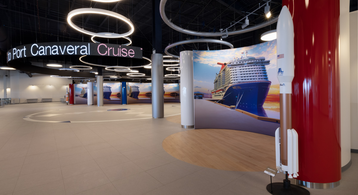 Interior design view of Port Canaveral Terminal 3 guest entry corridor.