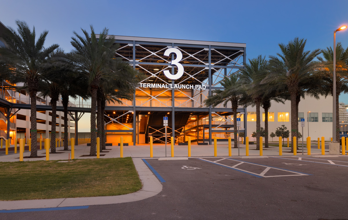 Architectural dusk view of Port Canaveral Terminal 3  launch pad entrance.