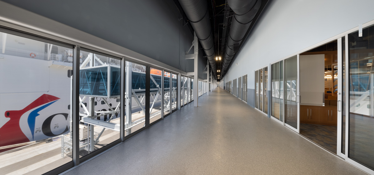 Interior design view of Port Canaveral Terminal 3 boarding corridor