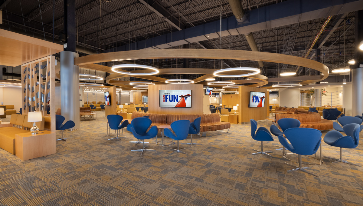 Interior design view of Port Canaveral Terminal 3 guest lounge.