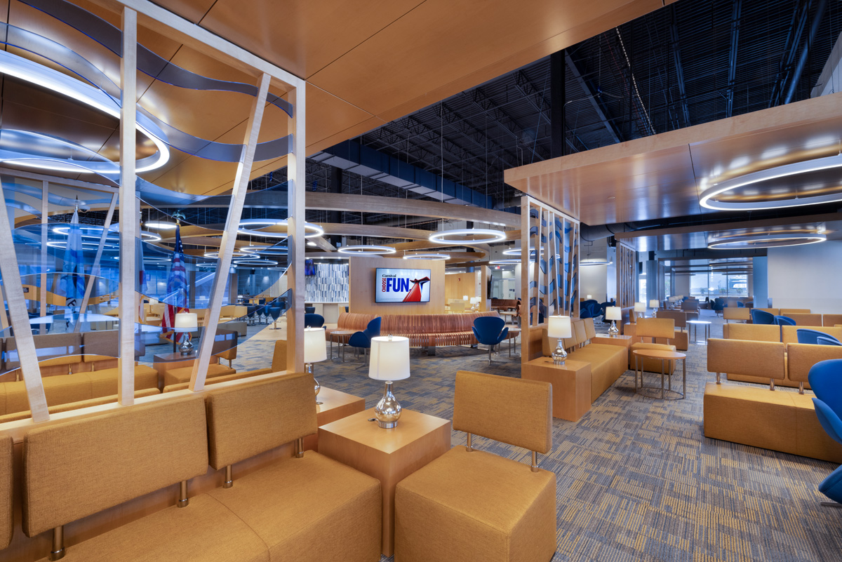 Interior design view of Port Canaveral Terminal 3 guest lounge.