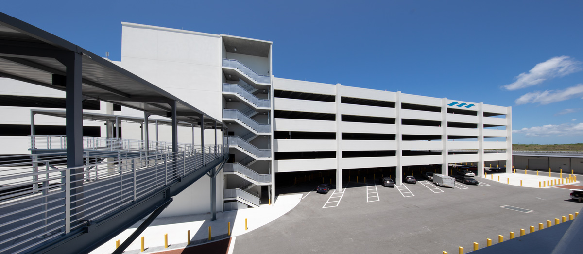 Architectural view of Port Canaveral Terminal 3 bridge to parking.