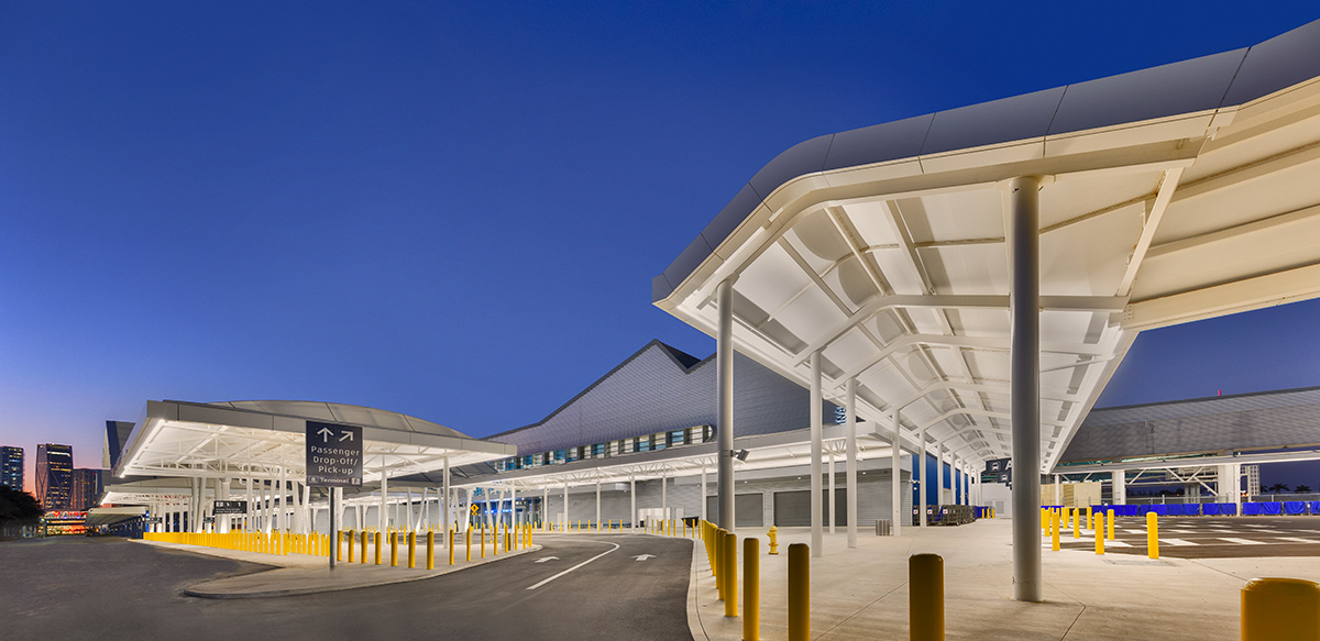 Architectural dusk view of Port Miami terminal F.