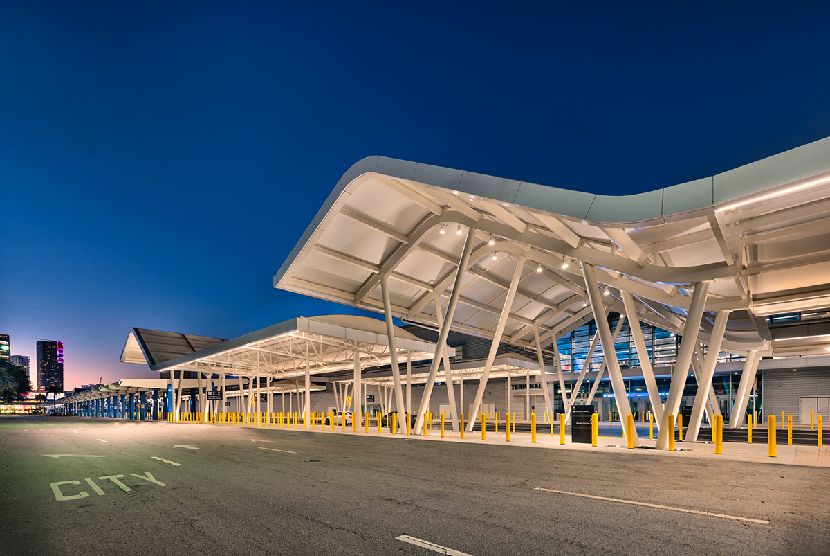 Architectural dusk view of Port Miami terminal F entrance.