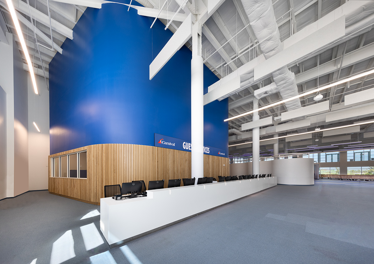 Interior design view of Port Miami terminal F guest services.
