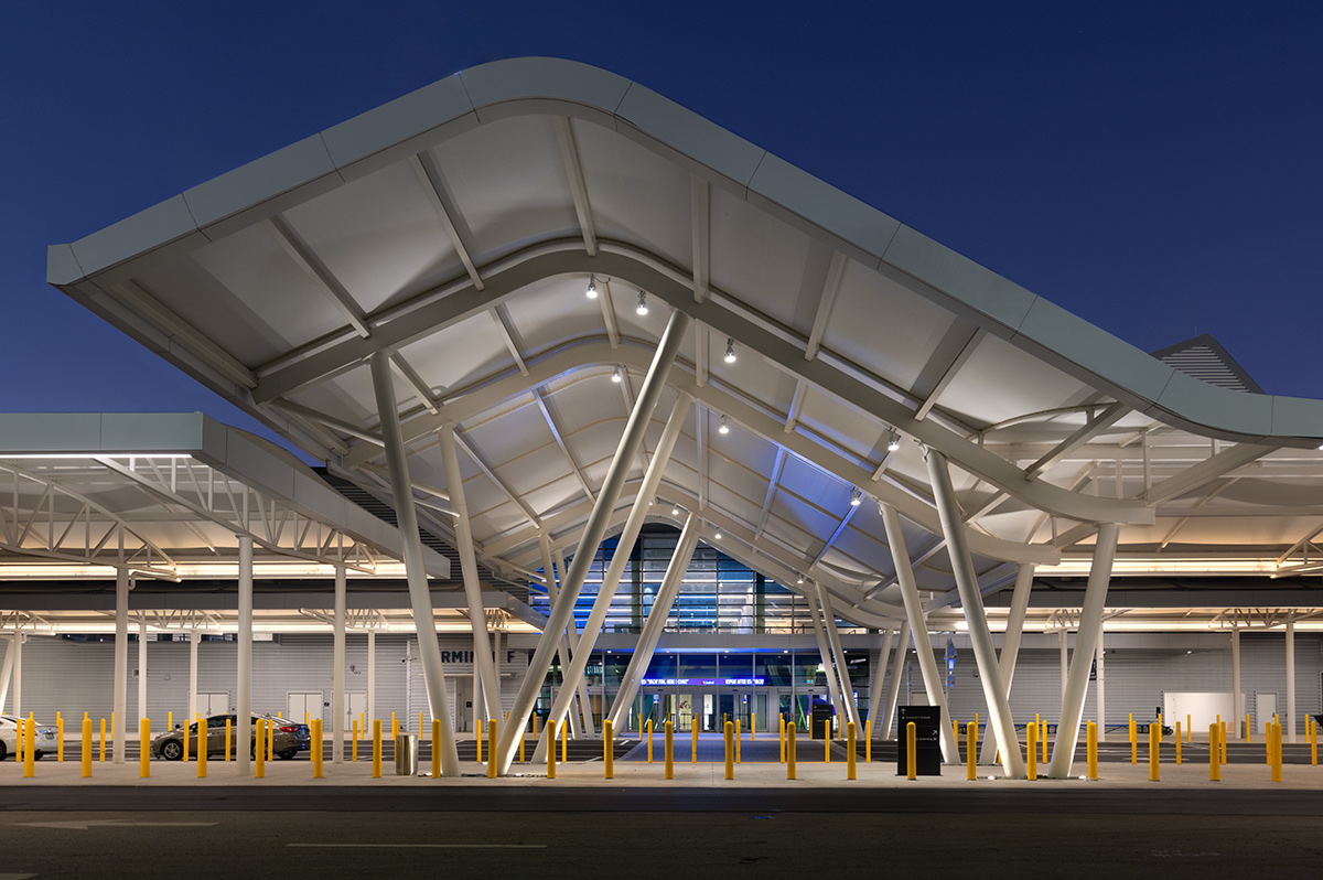 Architectural dusk view of Port Miami terminal F entrance.