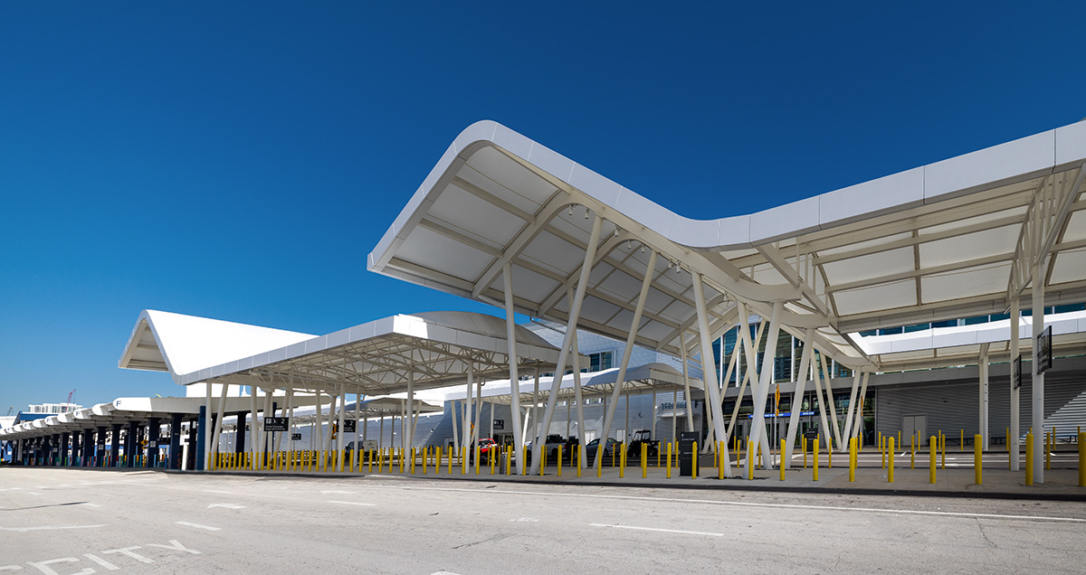 Architectural dusk view of Port Miami terminal F entrance.
