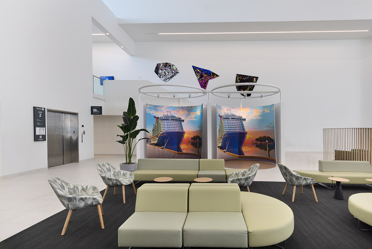 Interior design overhead view of Port Miami terminal F vip lounge.