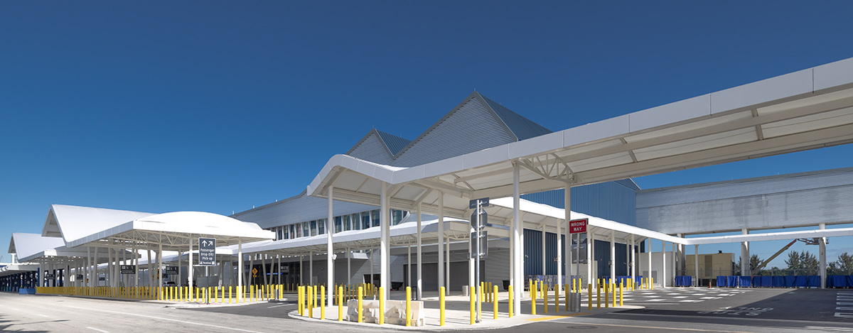 Architectural view of Port Miami terminal F entrance.