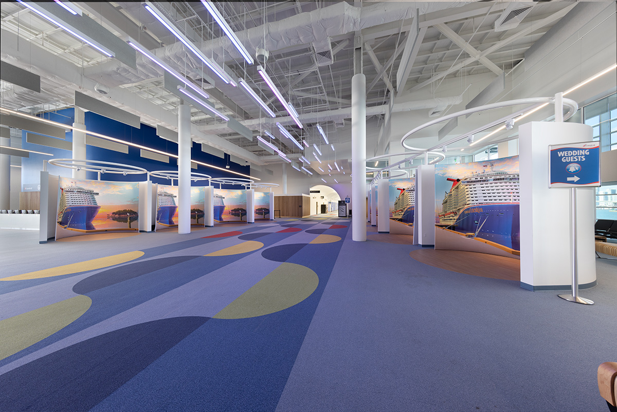 Interior design view of Port Miami terminal F waiting area corridor.