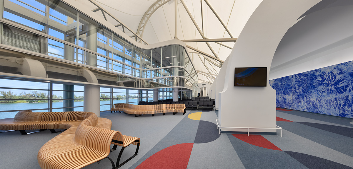 Interior design view of Port Miami terminal F waiting area.