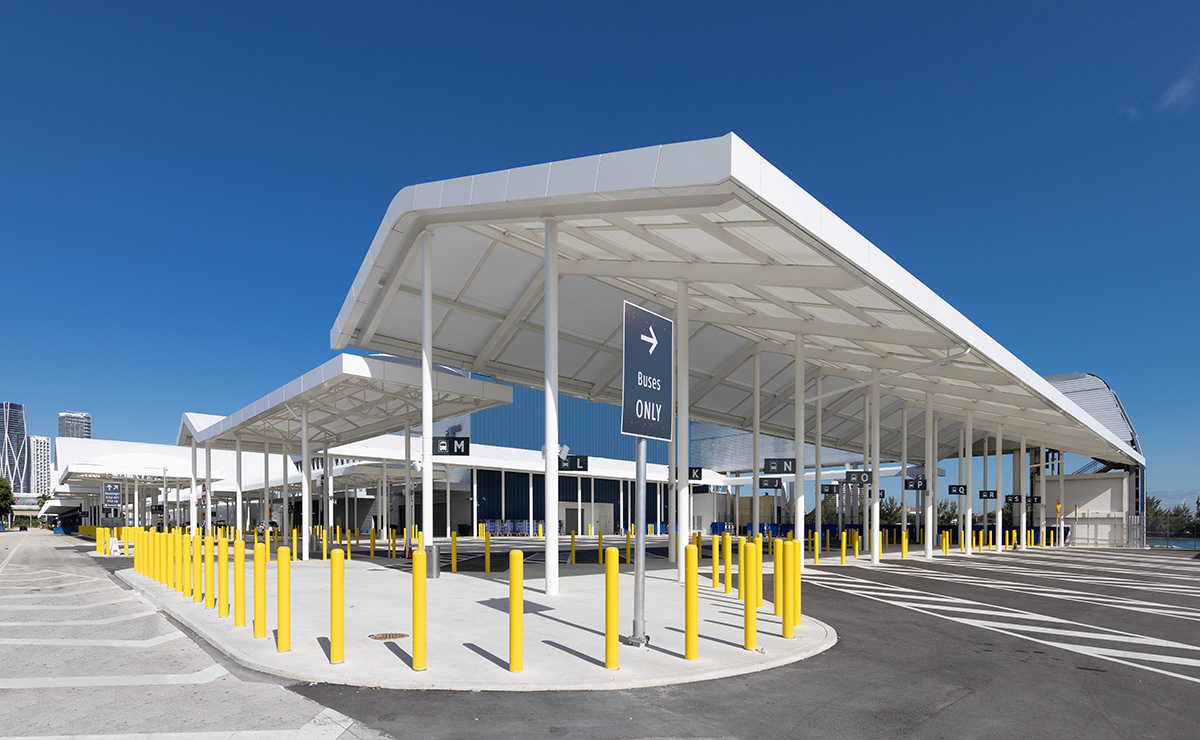 Architectural view of Port Miami terminal F entrance.