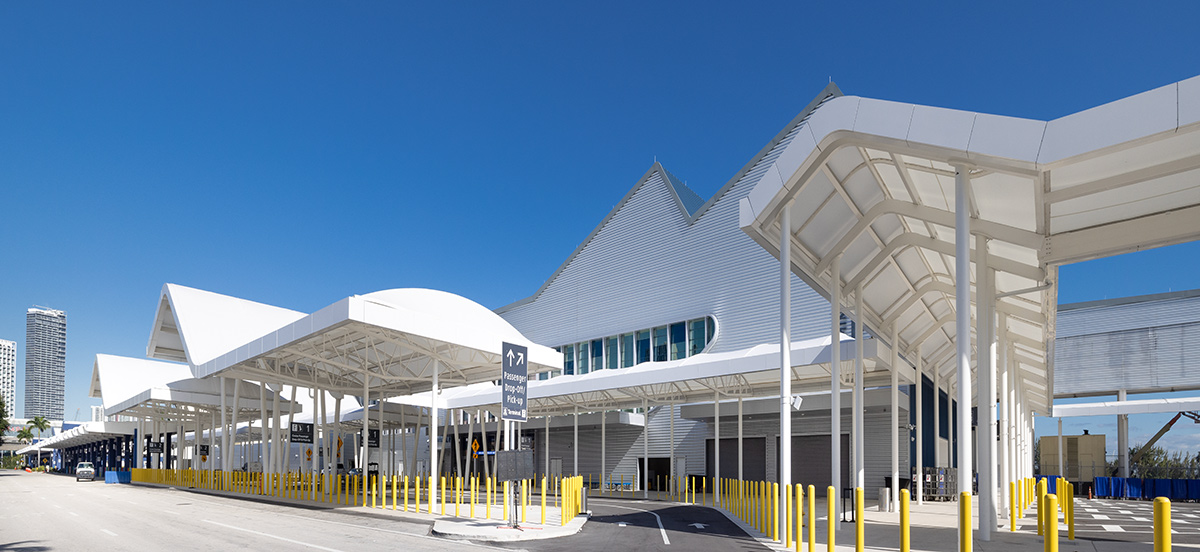 Architectural view of Port Miami terminal F entrance.