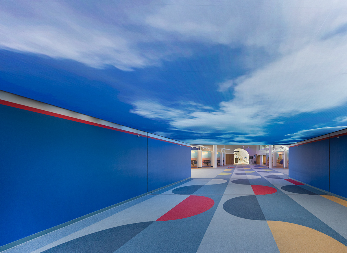 Interior design view of Port Miami terminal F waiting area corridor.