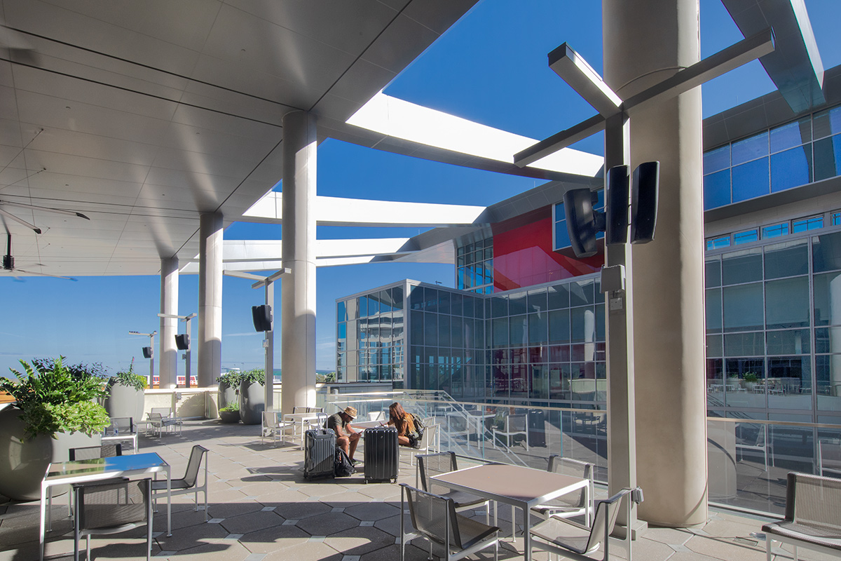 Architectural view of the SkyConnect at the Tampa Int airport.