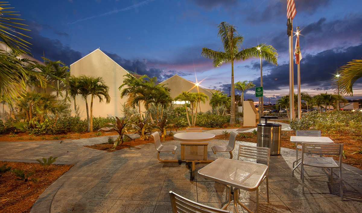 Landscape dusk view of the West Palm Beach FL Service Plaza.